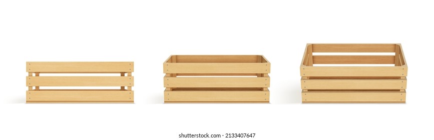 Vector realistic cargo storage wooden box isolated on white background. Wooden fruit box with holes. Box for storage and transportation of food.