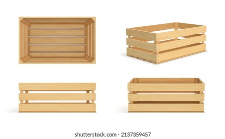 Vector realistic cargo storage wooden box isolated on white background. Wooden fruit box with holes. Box for storage and transportation of food.