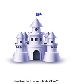 Vector realistic castle, fort or fortress with towers, gates and flags. Fantasy kingdom medieval architecture building royal palace king queen house. Kids child toy design object isolated illustration