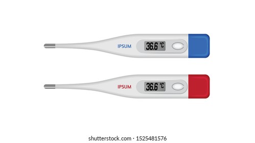 Vector realistic celsius electronic medical thermometer for measuring. Design of digital thermometer showing temperature. Top view for your design