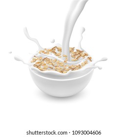 Vector realistic ceramic bowl with oat flakes or muesli, with white pouring milk and splashes isolated on background. Oatmeal, natural organic food for healthy eating and diet. Mockup for advertising