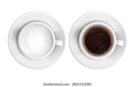 Vector realistic ceramic cup full of hot cappuccino, coffee or chocolate and empty one top view set. 3d morning breakfast drink or beverage mug for cafe, restaurant design. Isolated illustration