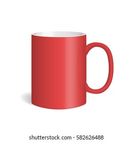 Vector realistic ceramic red mug. Isolated cup with shadow on white background.