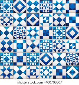 Vector realistic ceramic texture made of blue, navy and white pieces. Portugal style seamless pattern.