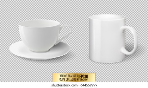 Vector realistic ceramic white cup and mug isolated on transparent background.