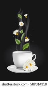 Vector realistic chamomile tea. White china cup with a stream, flowers, leaves and drops moving up and floating 