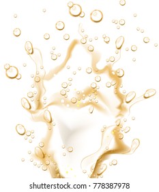 Vector Realistic Champagne, Cola, Soda, Lemonade Or Sparkling Carbonated Liquid Splash, Explosion. Water Splash From A Bottle, Illustration On Isolated White Background.