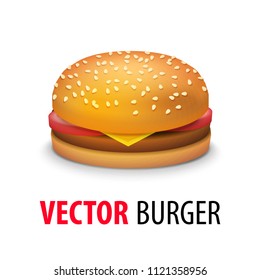 Vector Realistic Cheeseburger - Classic American Burger with Tomato, Cheese, Beef Close up isolated on white Background. Fast Food Illustration