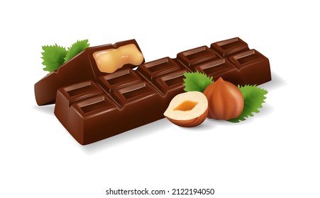 Vector realistic chocolate bar with filling, next to it lies a slice and a nut. Vector 3d illustration isolated on white background