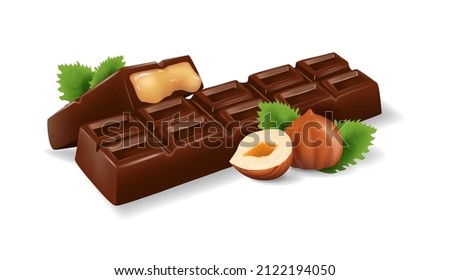 Vector realistic chocolate bar with filling, next to it lies a slice and a nut. Vector 3d illustration isolated on white background