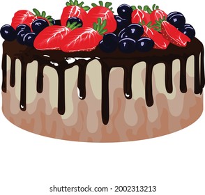 vector realistic of chocolate cake with strawberry and blueberry topping