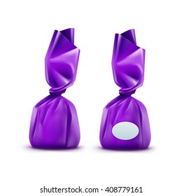 Vector Realistic Chocolate Candy in Purpule Glossy Wrapper Close up Isolated on White Background