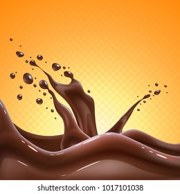 Vector realistic chocolate splash, pouring liquid chocolate whirl, melted, molten cocoa flow. High detailed illustration on orange brown background for advertising design, sweet food packaging element