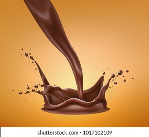 Vector realistic chocolate splash, pouring liquid chocolate whirl, melted, molten cocoa flow. High detailed illustration on orange brown background for advertising design, sweet food packaging element