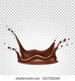 Vector realistic chocolate splash, pouring liquid chocolate whirl, melted, molten cocoa flow. High detailed illustration on transparent background for advertising design, sweet food packaging element