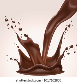 Chasque de chocolate realistas vectorial, torbellino de chocolate líquido fundido, flujo de cacao fundido. Ilustración detallada de fondo blanco aislado para el diseño publicitario, elemento de envasado de alimentos dulces