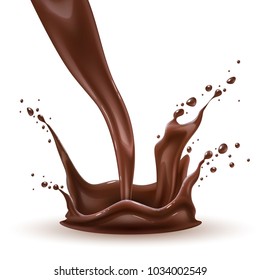 Vector realistic chocolate splash, pouring liquid chocolate whirl, melted, molten cocoa flow. High detailed illustration isolated white background for advertising design, sweet food packaging element