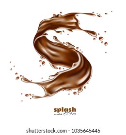 Vector realistic chocolate splash, pouring liquid chocolate whirl, melted, molten cocoa flow. High detailed illustration isolated white background for advertising design, sweet food packaging element