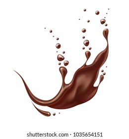 Vector realistic chocolate splash, pouring liquid chocolate whirl, melted, molten cocoa flow. High detailed illustration isolated white background for advertising design, sweet food packaging element