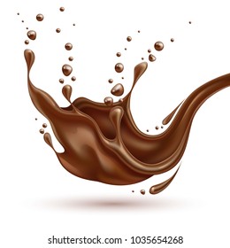 Vector realistic chocolate splash, pouring liquid chocolate whirl, melted, molten cocoa flow. High detailed illustration isolated white background for advertising design, sweet food packaging element