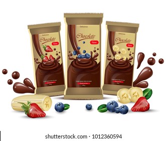 Vector realistic chocolates mock up. product packaging label design. blueberry, strawberry and banana flavors