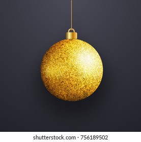 Vector realistic christmas ball with golden shiny texture. Christmas toy on a black background.