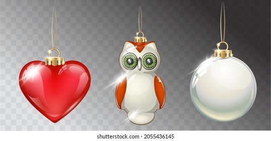 Vector realistic Christmas decorations on a light abstract background. Glass sphere, sparkling heart and owl.
