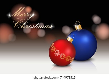 Vector realistic christmas greeting card with two colorful decorated baubles 
