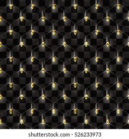 Vector realistic Christmas net lights garland. Transparent shine on the dark checkered background. Seamless pattern.