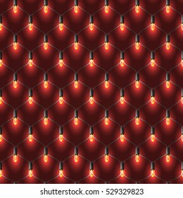 Vector realistic Christmas net lights garland. Red shine on the dark vinous background. Seamless pattern.