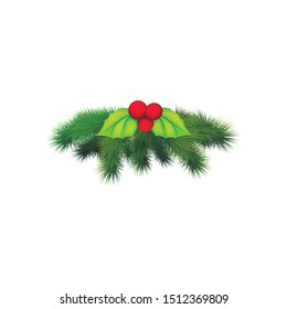 vector realistic christmas, new year holiday decoration element - spruce tree , ilex holly leaves, berries Isolated illustration on white background.