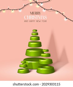 Vector realistic Christmas and New Year background, banner, flyer, greeting card, postcard. Vertical orientation. Pink pastel background with green fir trees ans lights.