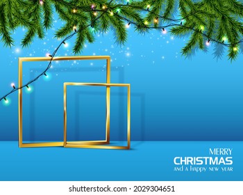 Vector de fondo realista de Navidad y Año Nuevo, banner, volante, tarjeta de felicitación, postal. Fondo azul con marcos dorados, árbol de abetos y luces.