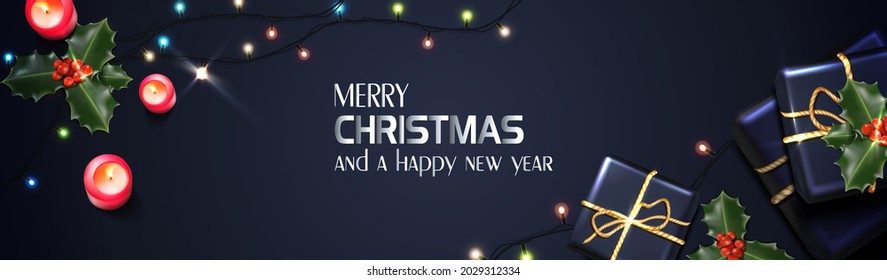 Vector de fondo realista de Navidad y Año Nuevo, banner, volante, tarjeta de felicitación, postal. Orientación horizontal. Fondo negro con cajas de regalo, mistletoe y velas.