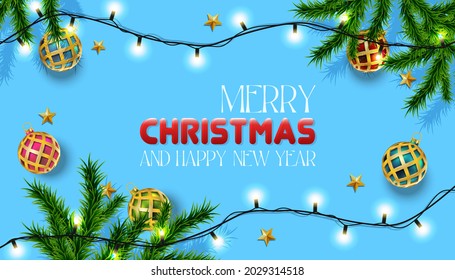 Vektorrealistische Weihnachts- und Neujahrshintergrund, Banner, Flyer, Grußkarte, Postkarte. Horizontale Ausrichtung. Blauer Hintergrund mit Tannenbäumen und goldenen Bälle mit Lichtern.