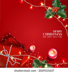 Vector realistic Christmas and New Year background, banner, flyer, greeting card, postcard. Square orientation. Red background with gift boxes and candles with mistletoe.