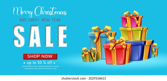 Vector realistic Christmas and New Year background, banner, flyer, greeting card, postcard. Horizontal orientation. Blue background with sale writing and colorful stack of gift boxes.