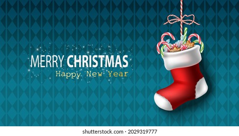 Vector realistic Christmas and New Year background, banner, flyer, greeting card, postcard. Horizontal orientation. Blue background with red sock with candies inside hanging.