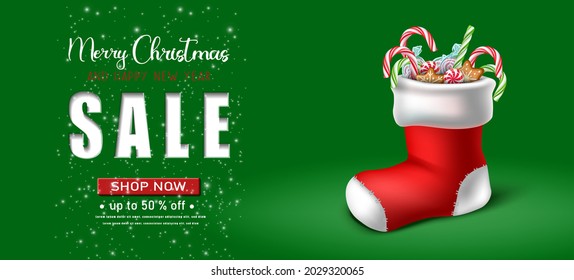 Vector realistic Christmas and New Year background, banner, flyer, greeting card, postcard. Horizontal orientation. Green background sale with red sock with candies inside.