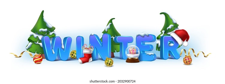 Vector realistic Christmas and New Year background, banner, flyer, greeting card, postcard. Horizontal orientation. 3d letters winter with elements and trees.