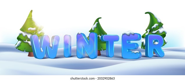 Vector realistic Christmas and New Year background, banner, flyer, greeting card, postcard. Horizontal orientation. 3d letters winter with snow and trees.
