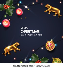 Vector realistic Christmas and New Year background, banner, flyer, greeting card, postcard. Square orientation. Black background with golden tigers and mistletoe and lights.