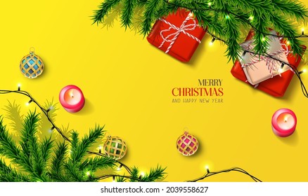 Vector realistic Christmas and New Year background, banner, flyer, greeting card, postcard. Square orientation. Yellow background with gift boxes and fir tree with lights.