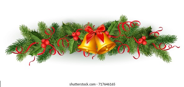 vector realistic christmas, new year holiday decoration element - spruce tree with mistletoe, ilex holly leaves, berries with silk ribbons bowtie jingle bell Isolated illustration on white background.