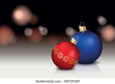 Vector realistic christmas still life with two colorful decorated baubles and space for your text