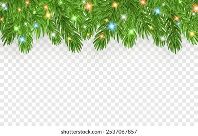Vector realistic Christmas tree branch PNG. Christmas tree branch decorated with garland on a transparent background. Winter border.