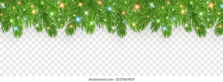 Vektor realistische Weihnachtsbaumzweig PNG. Weihnachtsbaumzweig mit Girlande auf transparentem Hintergrund. Wintergrenze.