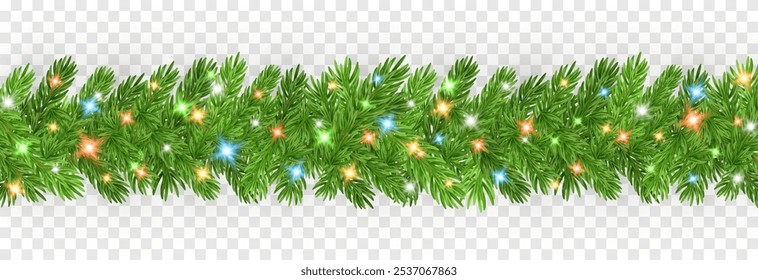 Vector realistic Christmas tree branch PNG. Christmas tree branch decorated with garland on a transparent background. Winter border.