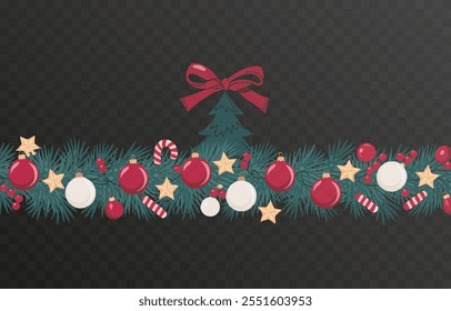 Vector realistic Christmas tree branch PNG. Christmas tree branch decorated with garland on a transparent background. Winter border.