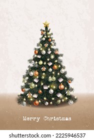 Árbol de Navidad vectorial realista. Pino o abeto verde adornado con bolas, ángeles, estrella navideña, guirnaldas brillantes, luces. Decoración rústica de tierra. Diseño vintage de tarjetas de vacaciones de Año Nuevo con texto